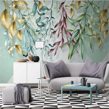 beibehang Потребителски 3D тапети Скандинавските тропически растения, ръчно рисувани акварел листа, геометрични линии фон стенни живопис