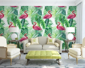 Beibehang Потребителски фотообои тапети Ръчно рисувани акварел фламинго, тропически палмови листа тапети за дома papier peint