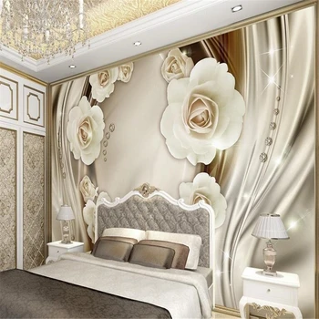 beibehang Потребителски фотообои стикери за стена голяма фреска луксозни златни 3d рози копринен фон за телевизор papel de parede тапети