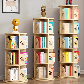 Bookshelf от масивно дърво, въртяща се на 360 градуса, библиотеката Етаж Домашен Детски Рафтове за съхранение на малки книги с картинки, Проста bookshelf
