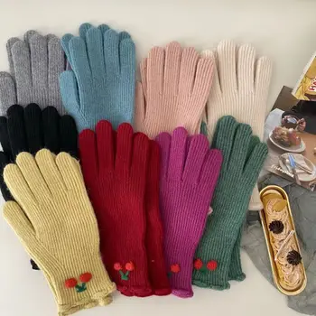 Crochet ръкавици с пълни пръсти, Еластични ръкавици без пръсти със сензорен екран Сладки цветове, топли зимни дебели уреди за ръце