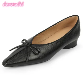 danxuefei/ дамски обувки на равна подметка, без съединителни от естествена кожа с остри пръсти, елегантни обувки, скъпа дамски ежедневни обувки с бантиком-пеперуда, дамски обувки