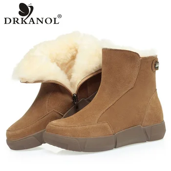 DRKANOL 2024, Нови класически зимни обувки, дамски зимни обувки от волска кожа, велур, кожа, вълна, запазването на топлина, Ботильоны на равна подметка, дамски обувки на меху с цип