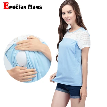Emotion Moms, летни дрехи за бременни, блузи за кърмене, за бременни, синя тениска за бременни с къс ръкав, дрехи за бременни