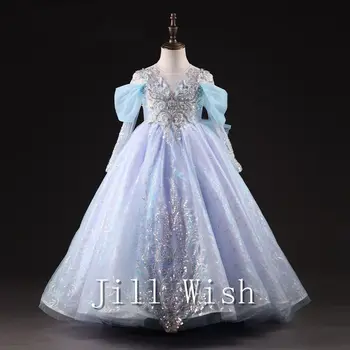 Jill Wish/ Луксозни Рокли за момичета небесносин от Дубай, бродирани с перли, Вечерна рокля на Принцеса за детски рожден ден, сватбено тържество J035