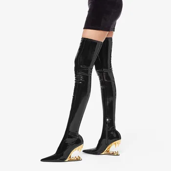 MKKHOU/ Модни Ботуши над коляното, Нови Висококачествени Еластични ботуши от лачена кожа, под формата на фигура, Високи ботуши Crazy Тигър Зъб