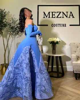Oisslec Луксозни вечерни рокли за бала с открити рамене, сини рокли за официални партита трапецовидна форма, с дълги ръкави, Арабски модерен дизайн
