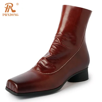 PRXDONG/ топ от естествена кожа 2023, есенно-зимни ботильоны на среден ток с квадратни пръсти, кафяви ежедневни дамски обувки за партита, размер диапазон 34-40
