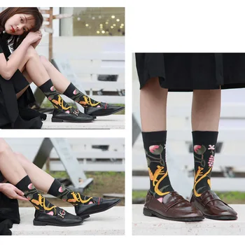 Q Улични чорапи за скейтборд, Модни памучни чорапи унисекс с дышащим цветен модел, 1 чифт чорапи със средна дължина, Сладък дамски чорапи с бродерия