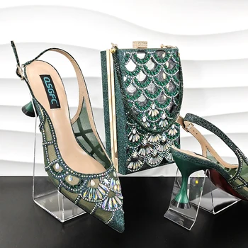 QSGFC Модни Зелени Лъскави Тъканни Обувки С Волнообразным Дизайн, Модел Чанти, Кух Дизайн, Дамски официални Обувки и Чанта На Висок Ток