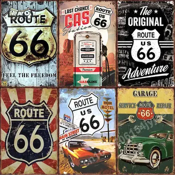 Route 66 Метална табела Начало Табела Метална Плакат Тенекеджия Означения Стенен плакат Ретро Ретро Естетичен декор на Художественото оформление на стени