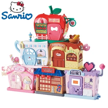 Sanrio Cinnamoroll Hello Kitty Kuromi Play House Штабелируемый Гледка Към Улицата Срастване Играчки Фигурка Аниме Фигурка Детски Игри Къща Подарък