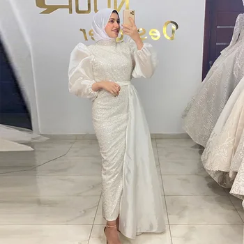 Sevintage Скромни шампанско Сатенени рокли на Русалка за бала С дълги ръкави и висока воротом, мюсюлманската вечерна рокля, Хиджаб, ислямското вечерна рокля