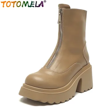 TOTOMELA 2023 Нови лаконичен есенни обувки от естествена кожа, Дамски обувки на платформа с цип, Ботильоны на високо квадратен ток