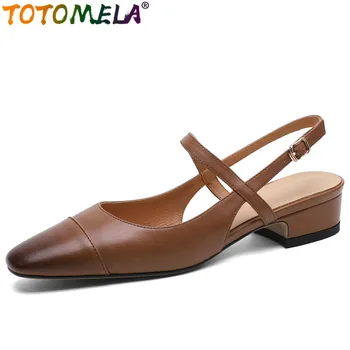 TOTOMELA / Новост 2023, дамски сандали от естествена кожа с каишка отзад, сандали в средно на квадратен ток, дамски сандали в ретро стил, обувки с катарама