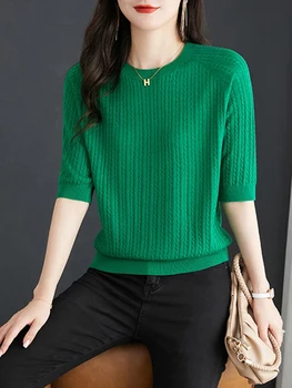 TuangBiang Summer Elegant 2023 Рубчатый Тънък пуловер с полукруглыми ръкави, вязаный пуловер, Корейски дамски пролетни Модни върхове цвят каки