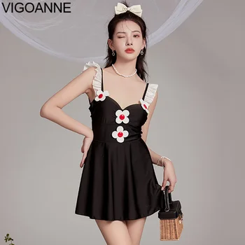 VigoAnne Черна рокля на цветчета Бански костюми, Дамски 2023 Секси цял бански с цип повдигащ Корейски Монокини с отворен гръб бански