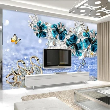 wellyu Потребителски тапети 3d стенописи луксозен лебед сини цветя воден модел бижута ТЕЛЕВИЗИЯ фон тапети papel de pared рисувани стенни