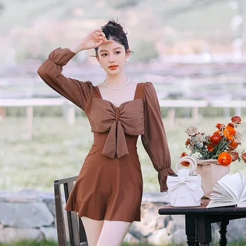 wisuwore 2023 Корейски Женски бански костюм с дълъг ръкав, твърди пола за гмуркане с кофейным лък, летен стил, бански костюм, хавлии за плаж, бански костюм