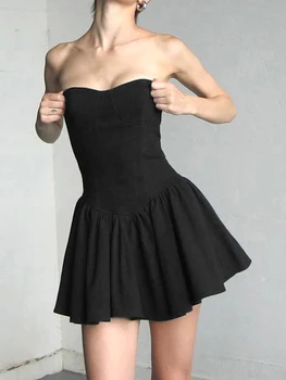 wsevypo Винтажное черна мини-рокля-bandow с открити рамене, женствена рокля-пакетче трапецовидна форма, без ръкави, без презрамки, с рюшами, градинска облекло в стил гръндж