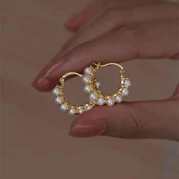 XIALUOKE, Корейски модерни геометрични метални кръгли перлени обеци За жени, Елегантни и нежни декорации за сватбени партита, подаръци