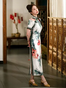 Yourqipao Лятото е дълго коприна на роклята Ципао Древен подиум банкет Класическа мода Ципао Вечерна рокля в китайски стил за жени Парти
