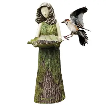А за птици Статуетка на Фея Статуетка на момиче-хранилки за птици Скулптура на Ангел от смола Ясла за птици Баня за птици за градината, косене на трева, двор, веранда