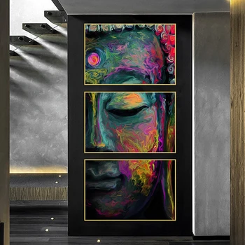 Абстрактна 3-панелна живопис, Акварел на Буда върху платно, Модерни постери и щампи, стенни рисунки за декорация на дома в хола