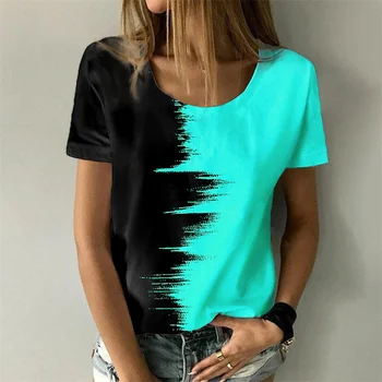 Абстрактна дамски тениски с 3D-принтом, но не повече цветни блокчета, основни блузи с деколте, без пуловер, лято