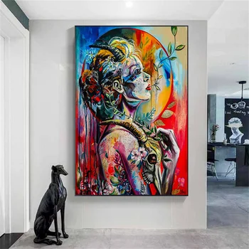 Абстрактни картини върху платно с изображение на момиче с цветя, цветни плакати с графити и щампи за всекидневна декор