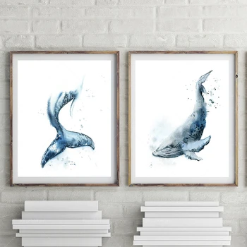 акварел кит, разпечатки на синия кит, стенно изкуство с морски животни, плакат за декора на стените на плажа в морски стил