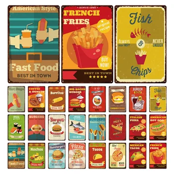 Американски стил заведения за Бързо хранене, Хот-дога пържени Картофи Ретро Постер Метални Табели Декор на стените магазин за бързо хранене Лидице Знак Плакат Подарък