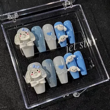 Аниме Sanrio, Носимые Ноктите с ръчно рисувани Сладки Y2K Blue Cinnamoroll, Режийни ноктите за маникюр, Готови изделия в насипно състояние, подарък Kawai