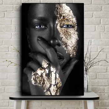 Африканско изкуство, черно-златната жена картина върху платно, постери и щампи Cuadros, Скандинавски стенни картина за вашия интериор дневна