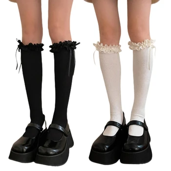 Балетные чорапогащи с бантиком, Чорапи за студентки JK, Дантелени чорапи до прасците с волани, M6CD