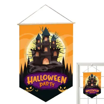 Банер за градината на Хелоуин, флаг за тиквен градина, флаг за верандата на Хелоуин, Призрачен замък, модел 11x17 инча, флаг Честит Хелоуин на двора