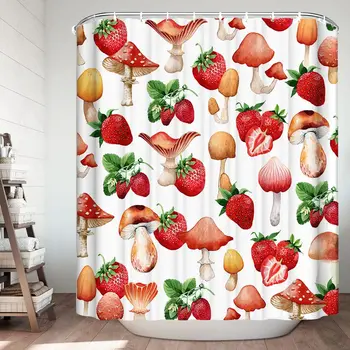 Баня с акварельным декор на ягоди и летните плодове, тъканта, вана, розово-апликации ягоди завеси за душ с куки
