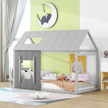 Бебешко легло 90 x 200, бебешко легло във формата на къщички, Единично плосък легло с покрив и прозорец, тъмно-сиво + светло сив