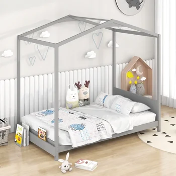 Бебешко легло-къщичка от дърво EUROCO Twin Size с покрив, сив