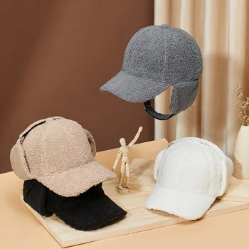 Бейзболна шапка с утолщением от овче руно, Нова Ветрозащитная, водене жив топло Топло Остроконечная капачка със защита на ушите, зимни шапки-бомберы