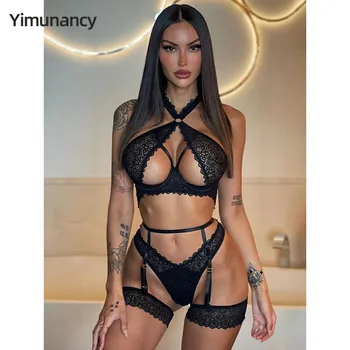Бельо Yimunancy с прозрачен завързана деколте, еротичен комплект за готическия флирт, секси комплект подвязок на спагети презрамки в комплект с чорапогащи