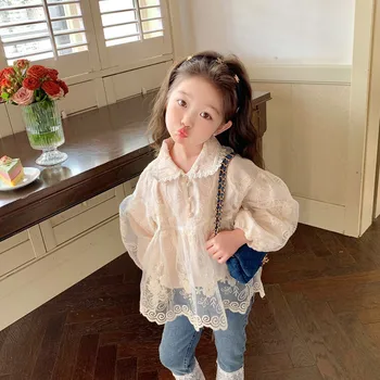 Блуза за момичета сезона на Нова Мрежа прежди Лейси риза Детски Модни блузи с бродерия Детски дрехи копчета