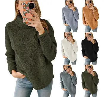 Блузи за жени Есен / Зима 2023, Свободен пуловер с дълги ръкави и висока воротом, Двустранни кадифе качулки с разрезным подолом