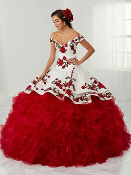 Бордо Буйни рокля Топка рокля с открити рамене Апликации от органза Мексико сладостта на 16 рокли 15 Anos
