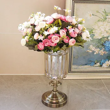 Букет от копринени рози, изкуствени декоративни цветя, украса за дома на сватба, 3 цвята