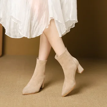 Велур къси ботуши на висок ток с остър пръсти и цип отзад, пролетно-есенни дамски обувки на дебелите ток
