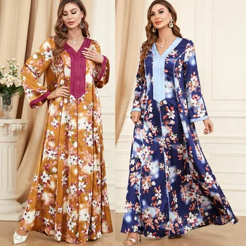 Вечерни рокли с цветен модел в стил мозайка за жени, арабско рокля с дълъг ръкав, Кафтан с V-образно деколте, мюсюлмански абайи, Дубайские рокля, вечерна рокля от Мароко