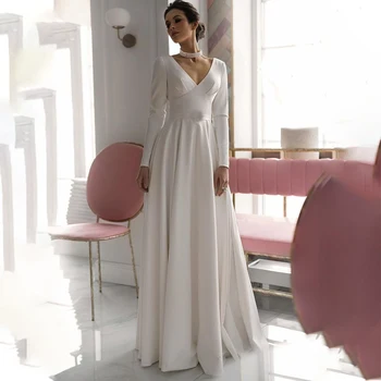 Винтажное атласное сватбена рокля TIXLEAR 2023, женствена рокля с дълги ръкави, просто елегантна сватбена рокля с V-образно деколте и с отворен гръб, Евтино