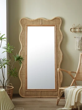 Винтажное голямо огледало от ратан, подови огледало в цял ръст, вълна-гъвкави дизайн, усещане за домашна употреба