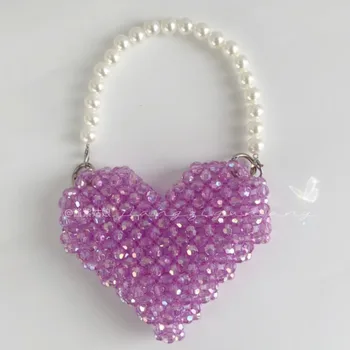 Виолетово-праскова сърце, чанта ръчна изработка от мъниста, модни Ins Перлена чанта с ръчно плетени с кристали, летни сладък дамски чанти Mini Love